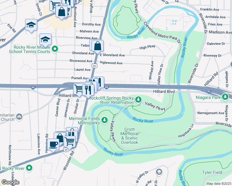 map of restaurants, bars, coffee shops, grocery stores, and more near 5 Hilliard Boulevard in Rocky River