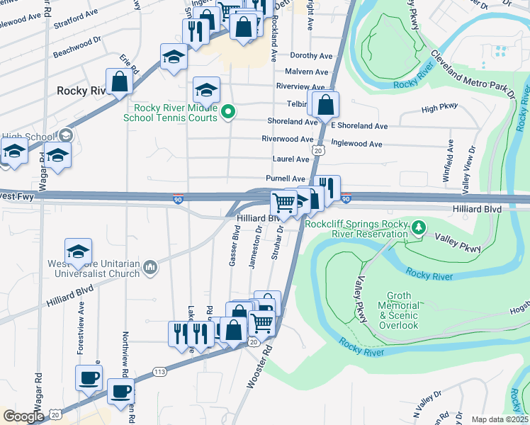 map of restaurants, bars, coffee shops, grocery stores, and more near 19527 Purnell Avenue in Rocky River