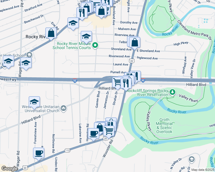 map of restaurants, bars, coffee shops, grocery stores, and more near 19689 Purnell Avenue in Rocky River