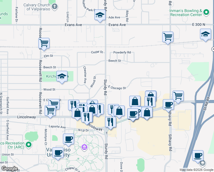 map of restaurants, bars, coffee shops, grocery stores, and more near 404 Sturdy Road in Valparaiso