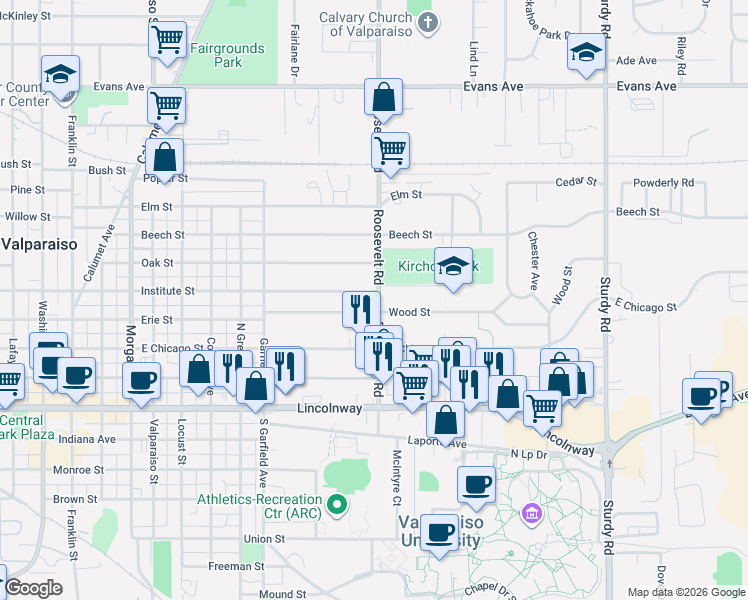 map of restaurants, bars, coffee shops, grocery stores, and more near 1115 Institute Street in Valparaiso