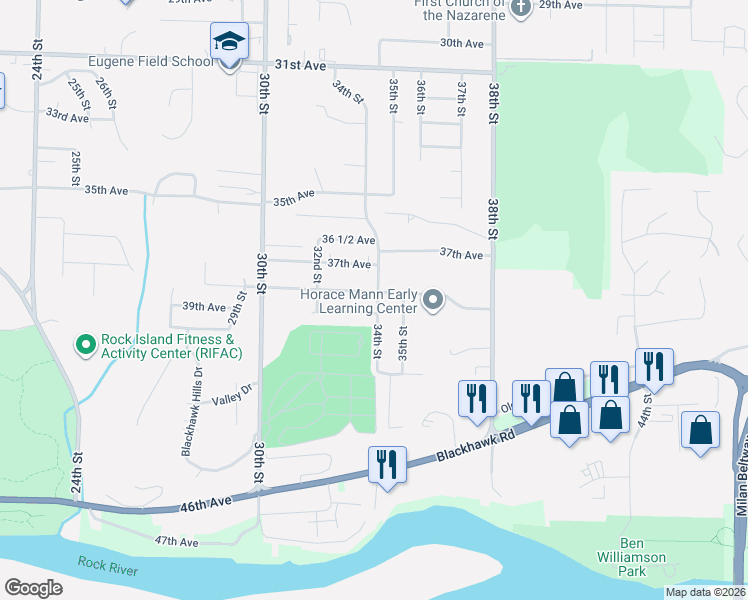 map of restaurants, bars, coffee shops, grocery stores, and more near 3237-3243 38th Avenue in Rock Island
