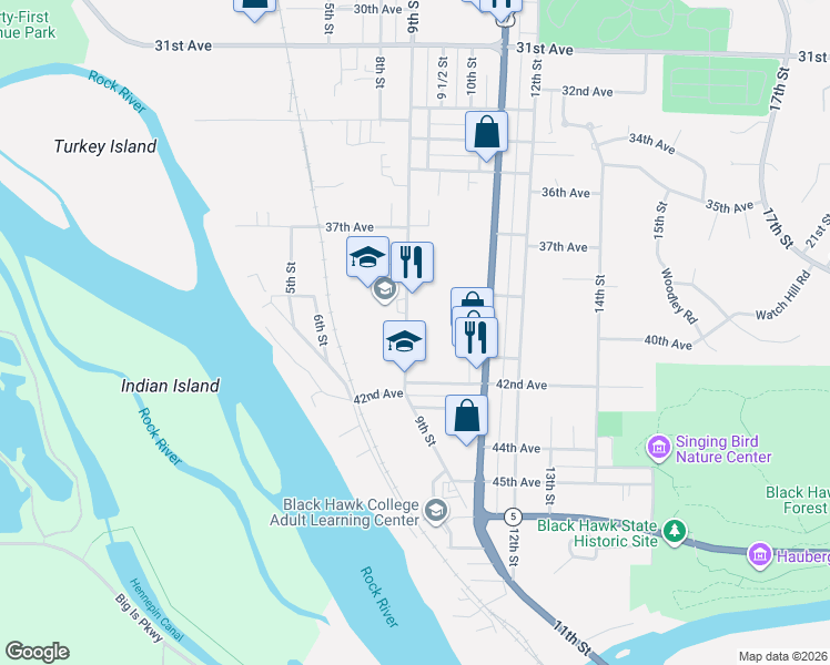 map of restaurants, bars, coffee shops, grocery stores, and more near 3917 9th St in Rock Island