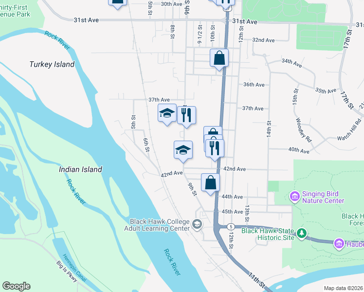 map of restaurants, bars, coffee shops, grocery stores, and more near 3917 9th St in Rock Island