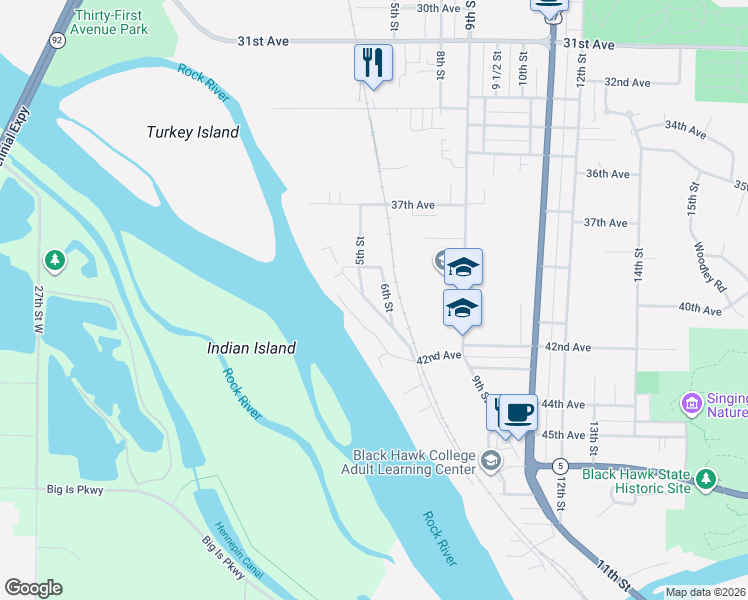 map of restaurants, bars, coffee shops, grocery stores, and more near 3909 5th Street in Rock Island