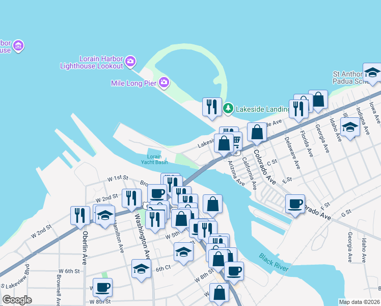 map of restaurants, bars, coffee shops, grocery stores, and more near 130 Lakeside Avenue in Lorain