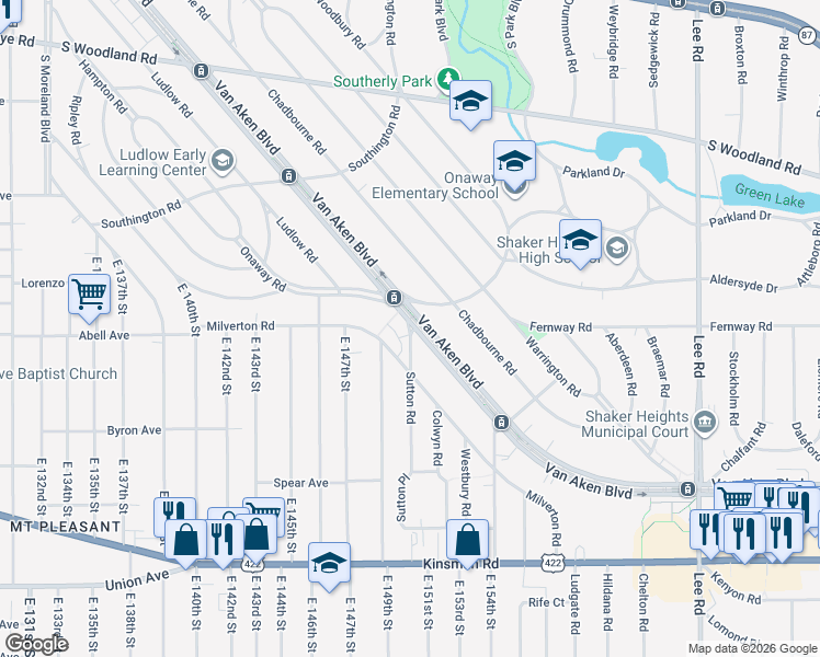 map of restaurants, bars, coffee shops, grocery stores, and more near 6738 Van Aken Boulevard in Shaker Heights