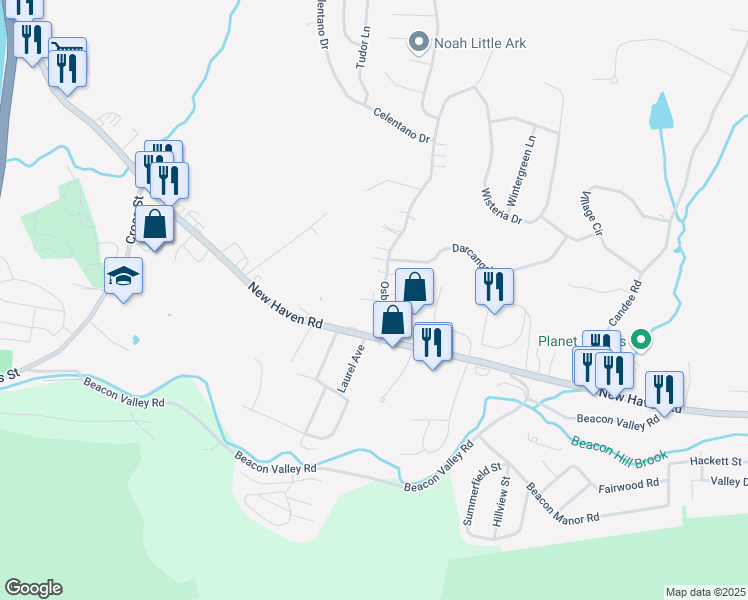 map of restaurants, bars, coffee shops, grocery stores, and more near Ramblewood Drive in Naugatuck