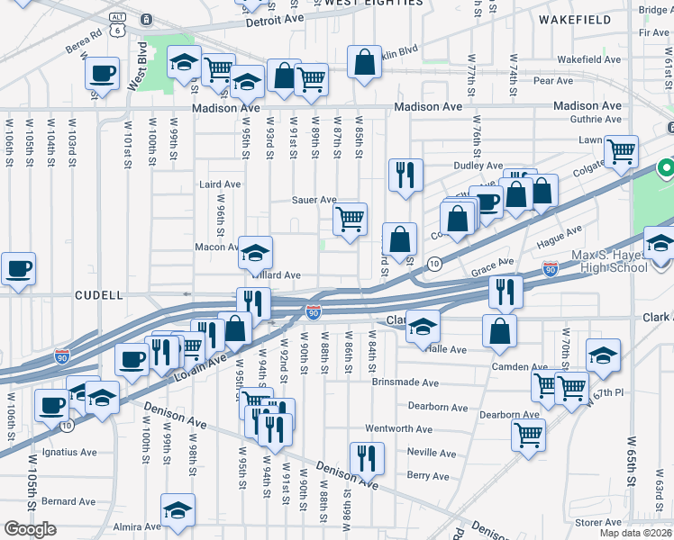 map of restaurants, bars, coffee shops, grocery stores, and more near 8610 Tompkins Avenue in Cleveland