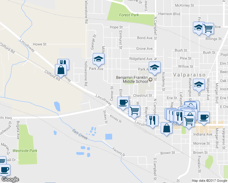 map of restaurants, bars, coffee shops, grocery stores, and more near 306 Center Street in Valparaiso