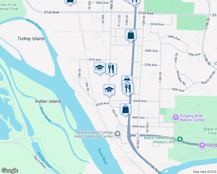 map of restaurants, bars, coffee shops, grocery stores, and more near 3917 9th St in Rock Island