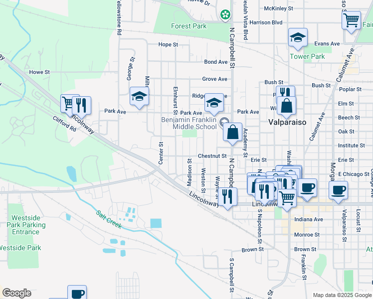 map of restaurants, bars, coffee shops, grocery stores, and more near 305 Madison Street in Valparaiso