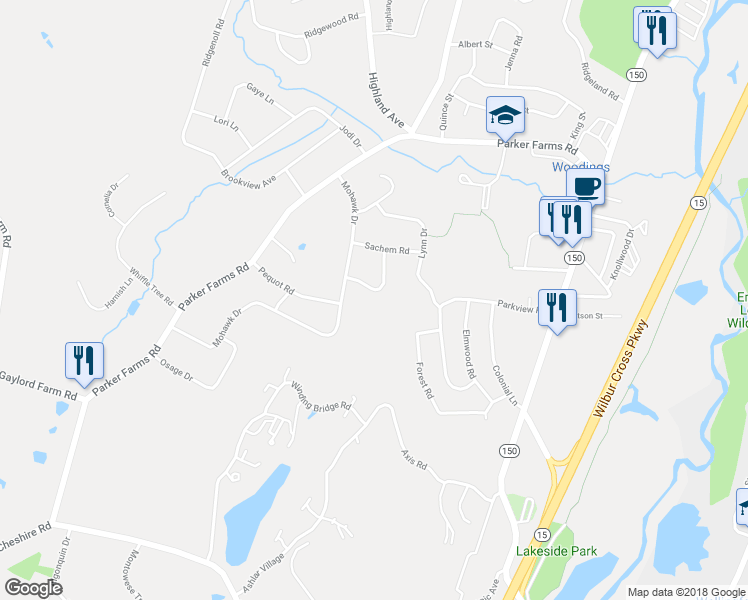 map of restaurants, bars, coffee shops, grocery stores, and more near 16 Mohican Lane in Wallingford