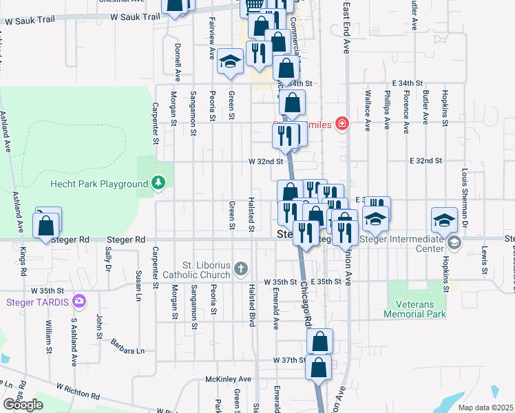 map of restaurants, bars, coffee shops, grocery stores, and more near 3239 Halsted Street in Steger
