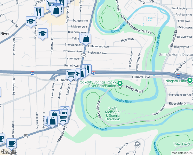 map of restaurants, bars, coffee shops, grocery stores, and more near in Rocky River
