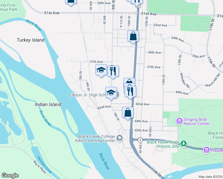 map of restaurants, bars, coffee shops, grocery stores, and more near 3917 9th St in Rock Island