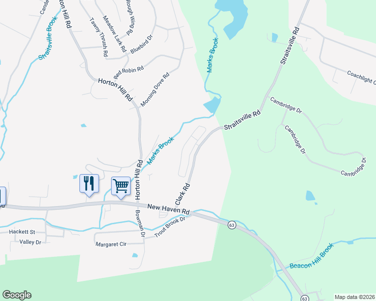 map of restaurants, bars, coffee shops, grocery stores, and more near 108 Clark Road in Naugatuck
