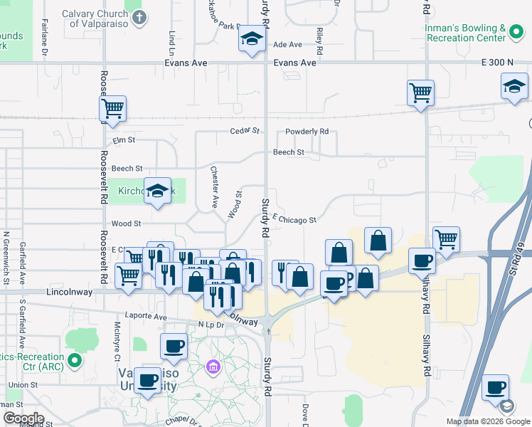 map of restaurants, bars, coffee shops, grocery stores, and more near 2000 East Chicago Street in Valparaiso