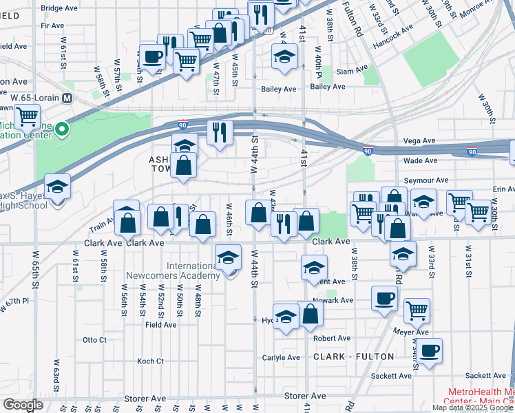 map of restaurants, bars, coffee shops, grocery stores, and more near 4409 Train Avenue in Cleveland