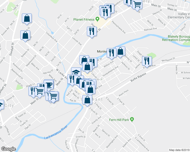 map of restaurants, bars, coffee shops, grocery stores, and more near 300 Willow Avenue in Olyphant