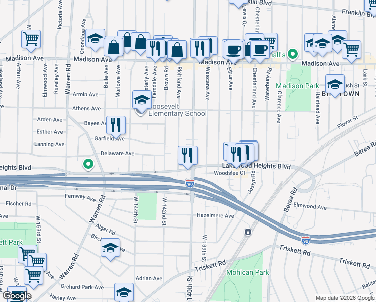 map of restaurants, bars, coffee shops, grocery stores, and more near 2185 Richland Avenue in Lakewood