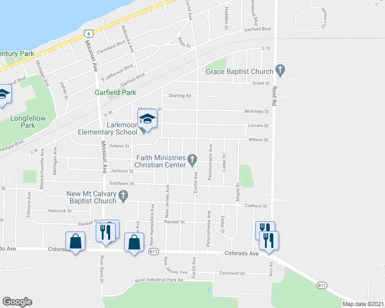 map of restaurants, bars, coffee shops, grocery stores, and more near 1226 Euclid Avenue in Lorain