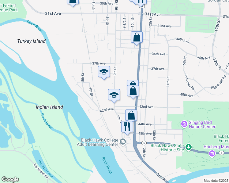 map of restaurants, bars, coffee shops, grocery stores, and more near 4000 9th Street in Rock Island