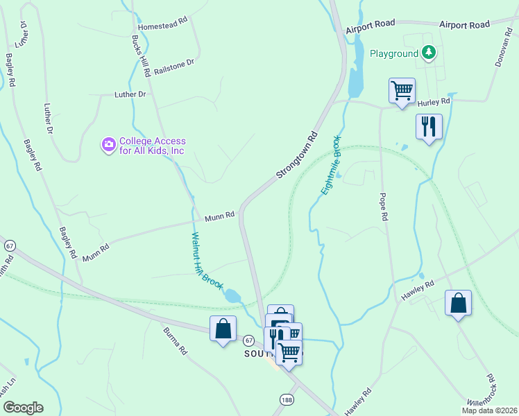 map of restaurants, bars, coffee shops, grocery stores, and more near 264 Strongtown Road in Southbury