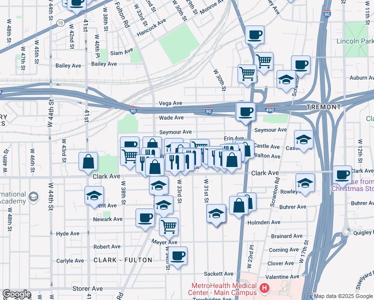 map of restaurants, bars, coffee shops, grocery stores, and more near 3253 Erin Avenue in Cleveland