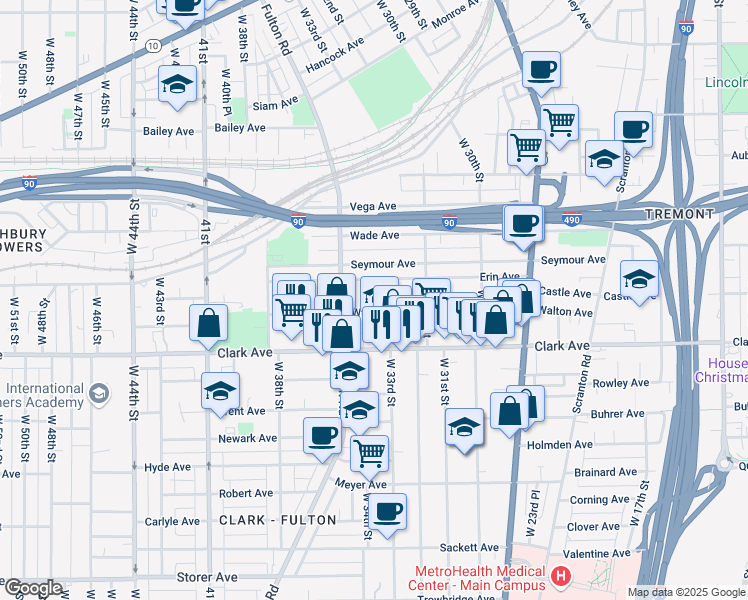 map of restaurants, bars, coffee shops, grocery stores, and more near 3407 Erin Avenue in Cleveland