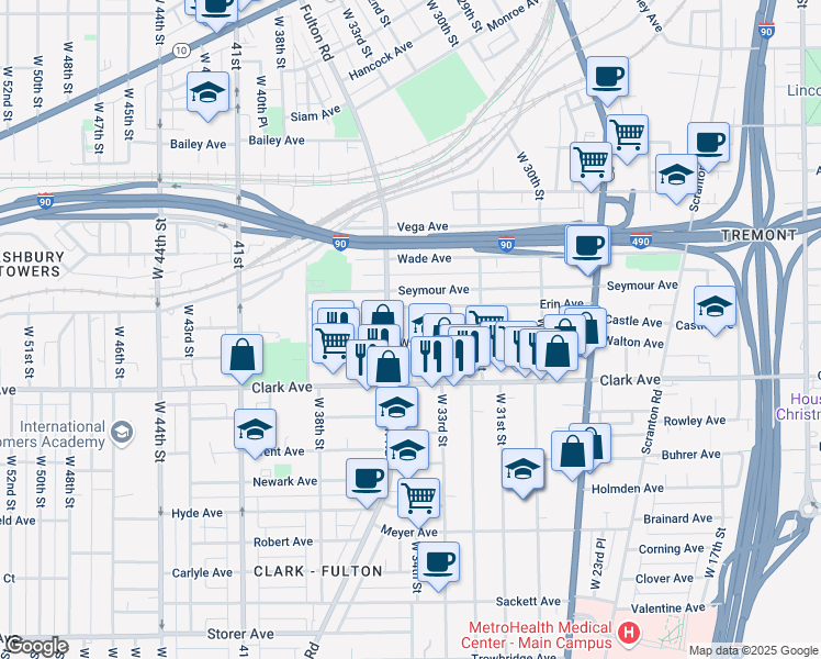 map of restaurants, bars, coffee shops, grocery stores, and more near 3407 Erin Avenue in Cleveland