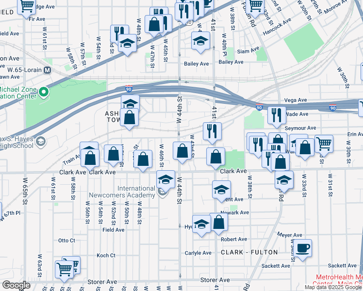 map of restaurants, bars, coffee shops, grocery stores, and more near 4409 Train Avenue in Cleveland