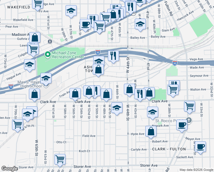 map of restaurants, bars, coffee shops, grocery stores, and more near 4700 Train Avenue in Cleveland