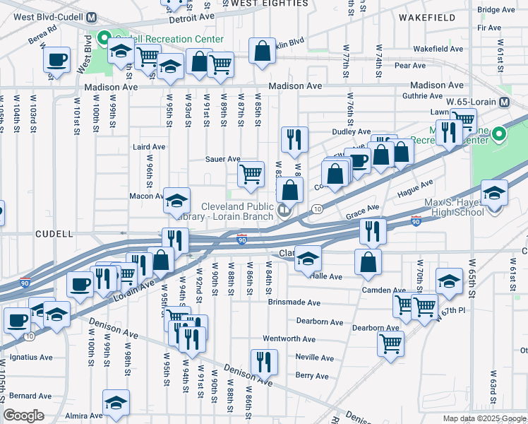 map of restaurants, bars, coffee shops, grocery stores, and more near 2188 West 83rd Street in Cleveland