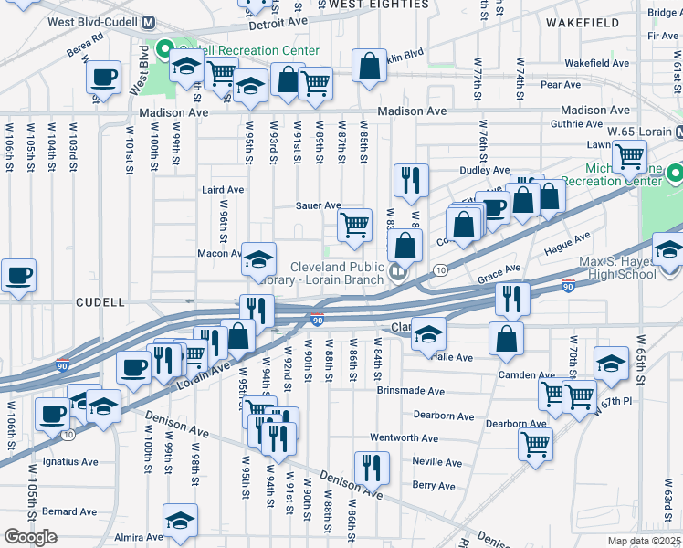 map of restaurants, bars, coffee shops, grocery stores, and more near 8604 Tompkins Avenue in Cleveland