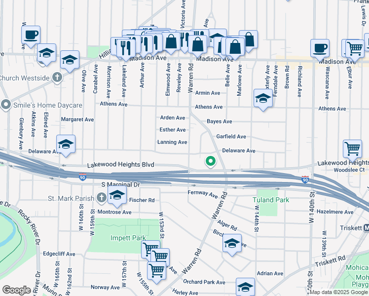 map of restaurants, bars, coffee shops, grocery stores, and more near 14912 Lanning Avenue in Lakewood