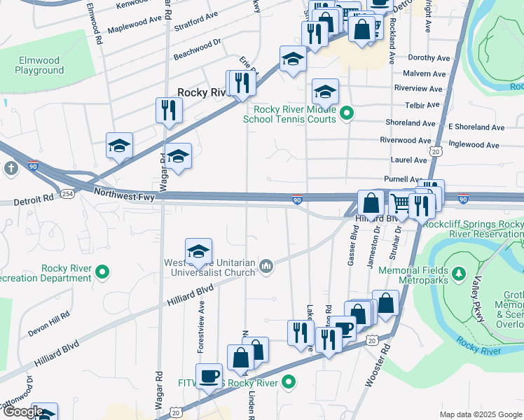 map of restaurants, bars, coffee shops, grocery stores, and more near 20269 Kramer Drive in Rocky River