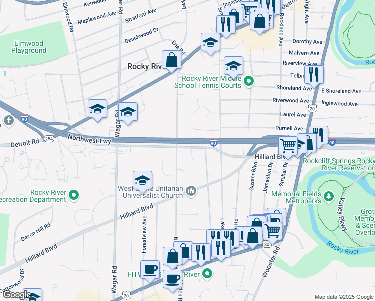 map of restaurants, bars, coffee shops, grocery stores, and more near 20269 Kramer Drive in Rocky River