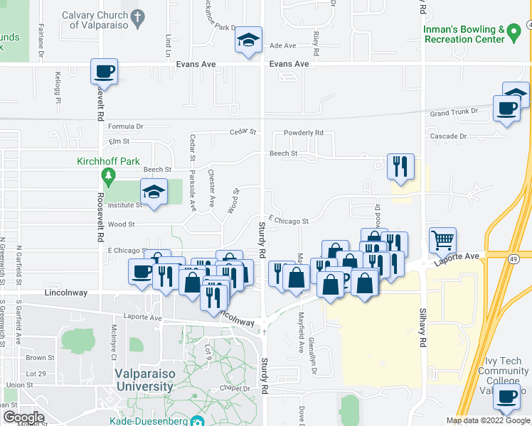 map of restaurants, bars, coffee shops, grocery stores, and more near 404 Sturdy Road in Valparaiso