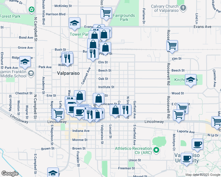 map of restaurants, bars, coffee shops, grocery stores, and more near 403 Locust Street in Valparaiso