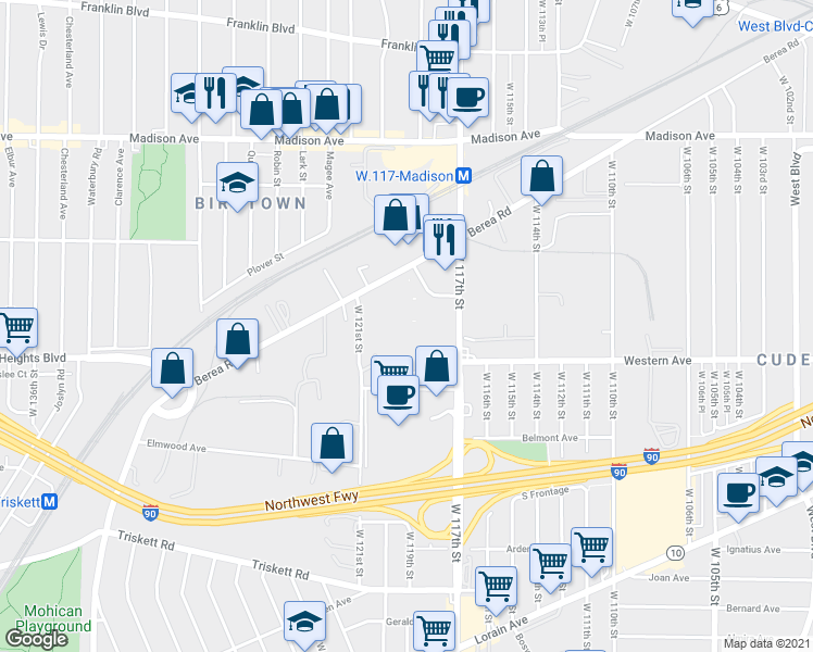 map of restaurants, bars, coffee shops, grocery stores, and more near 48 in Cleveland