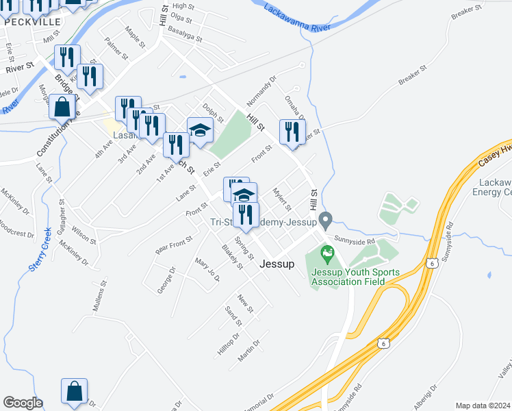 map of restaurants, bars, coffee shops, grocery stores, and more near 305 Clarkson Street in Jessup