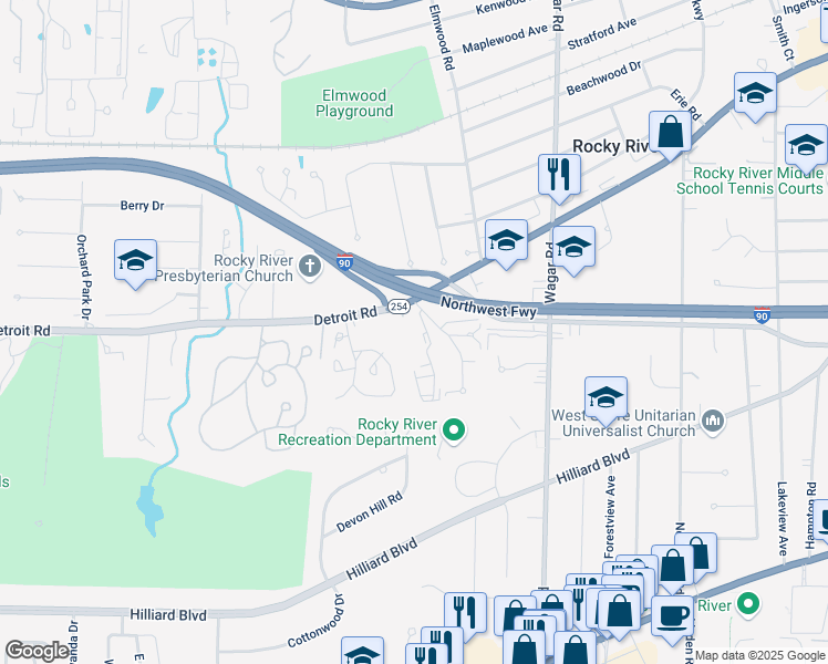 map of restaurants, bars, coffee shops, grocery stores, and more near 21465 Detroit Road in Rocky River