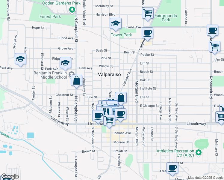map of restaurants, bars, coffee shops, grocery stores, and more near 308 North Washington Street in Valparaiso