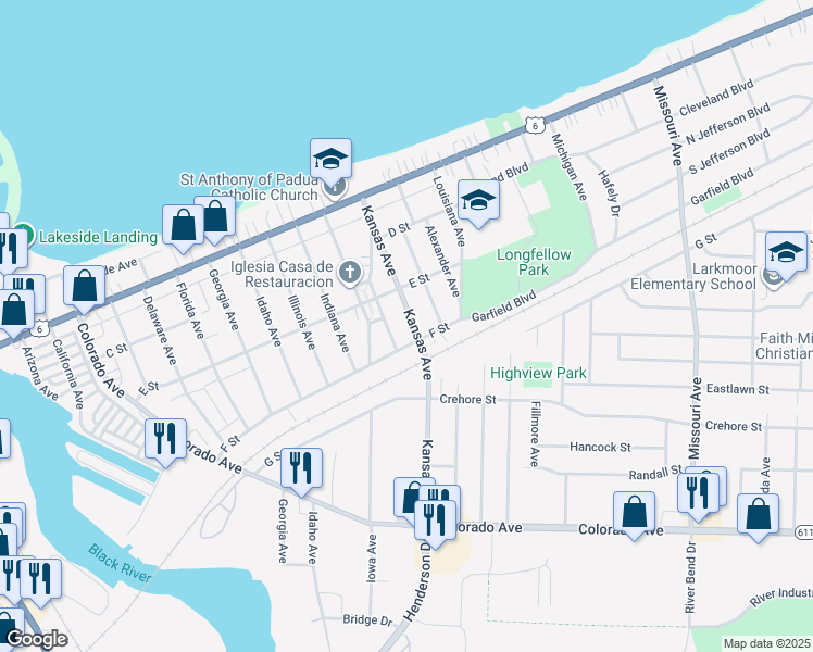 map of restaurants, bars, coffee shops, grocery stores, and more near 428 Kansas Avenue in Lorain