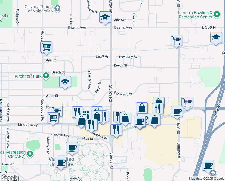 map of restaurants, bars, coffee shops, grocery stores, and more near 404 Sturdy Road in Valparaiso