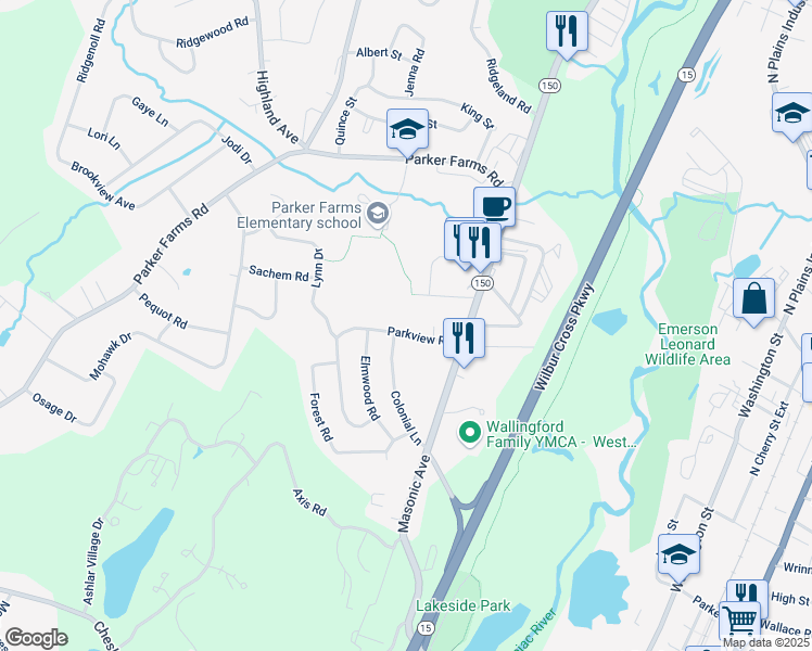 map of restaurants, bars, coffee shops, grocery stores, and more near 18 Town Farm Road in Wallingford