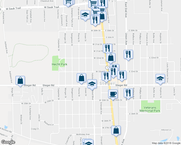 map of restaurants, bars, coffee shops, grocery stores, and more near 3300 Halsted Street in Steger