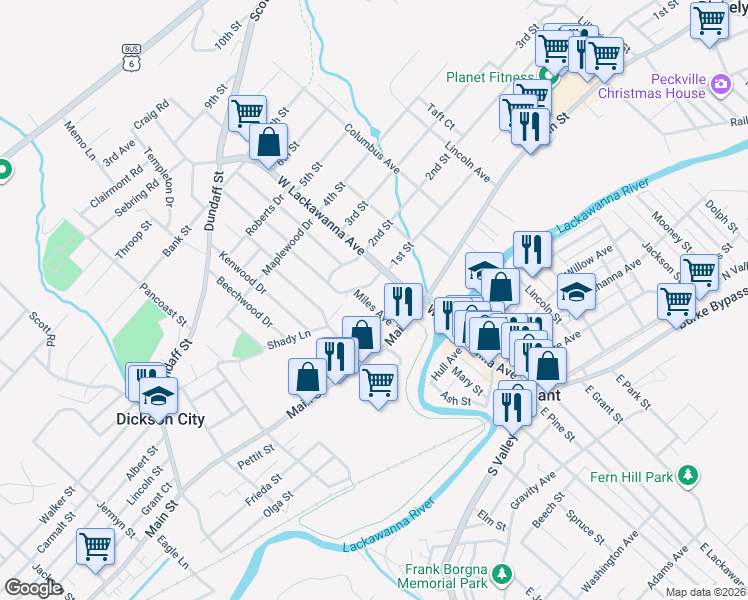 map of restaurants, bars, coffee shops, grocery stores, and more near 513 West Lacka Avenue in Dickson City