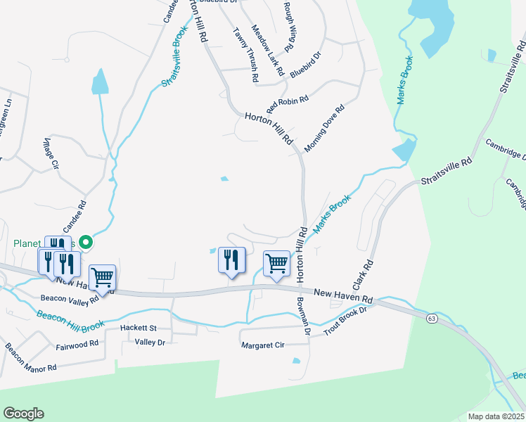 map of restaurants, bars, coffee shops, grocery stores, and more near 57 Country Hill Road in Naugatuck